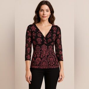 Worthington‎ Black & Pink Floral Mesh Surplice Top – Size Large